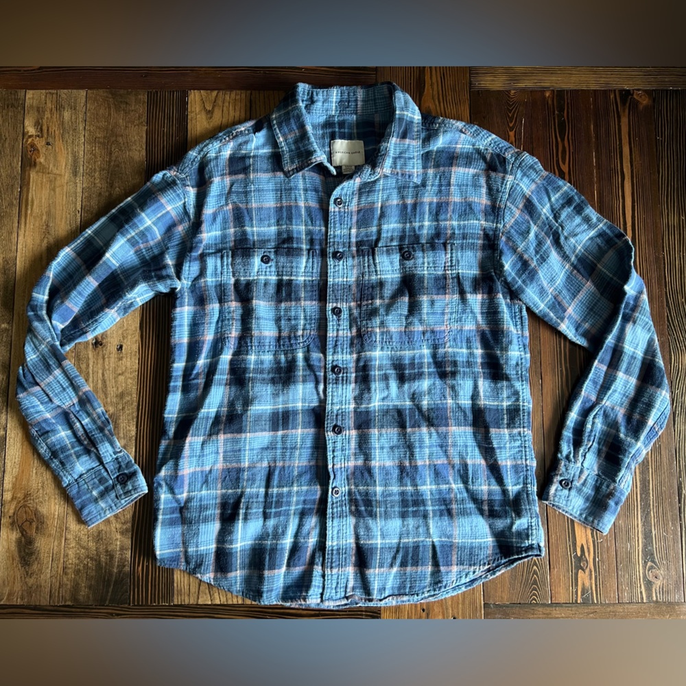 AMERICAN EAGLE β’ soft blue brushed flannel button shirt cotton grunge woodsy AEO